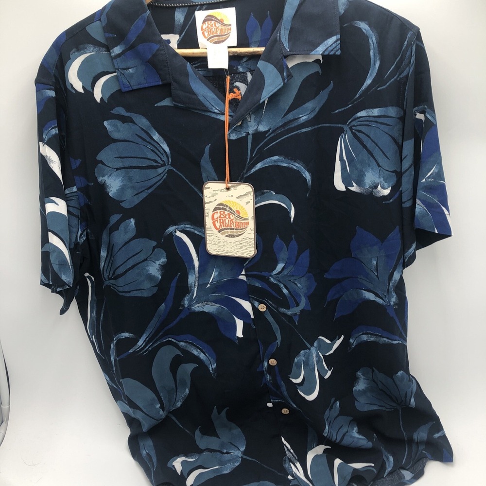 C&C California Mens Shirt Large NWT Blue Hawaiian‎ Pattern Rayon Button Up